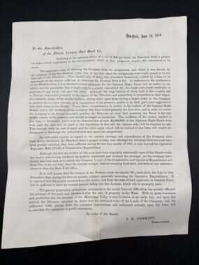 1858 Illinois Central Rail Road Shareholder Circular Stock Assessment JN Perkins